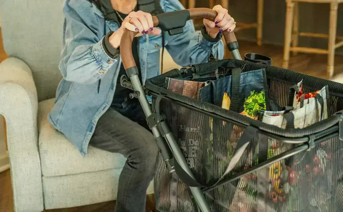 Persona sentada junto a un carro de la compra lleno de alimentos.