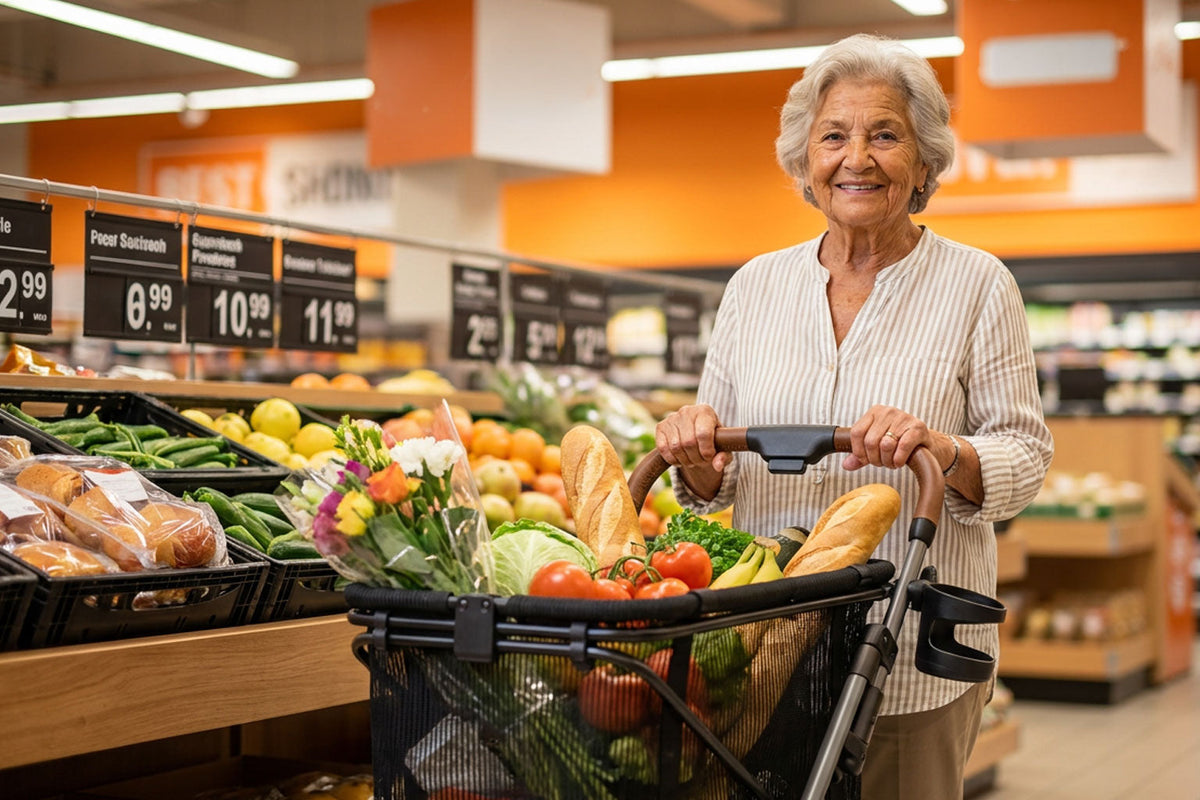 Mujer comprando en un supermercado con un carro con alimentos.
