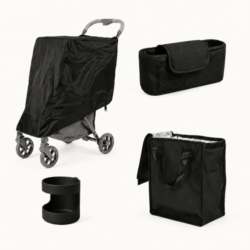 Strolee Accessory Bundle con Rain Cover, Personal Organizer, Insulated Freezer Bag y Additional Cup Holder