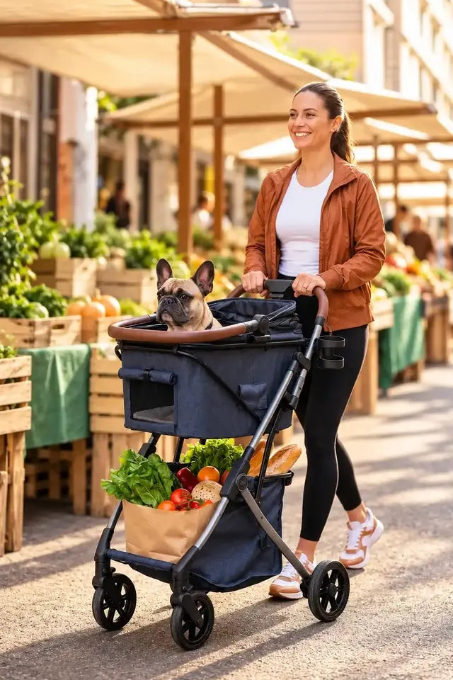 Frau schiebt einen Wagen mit einer Französischen Bulldogge auf einem Markt im Freien.