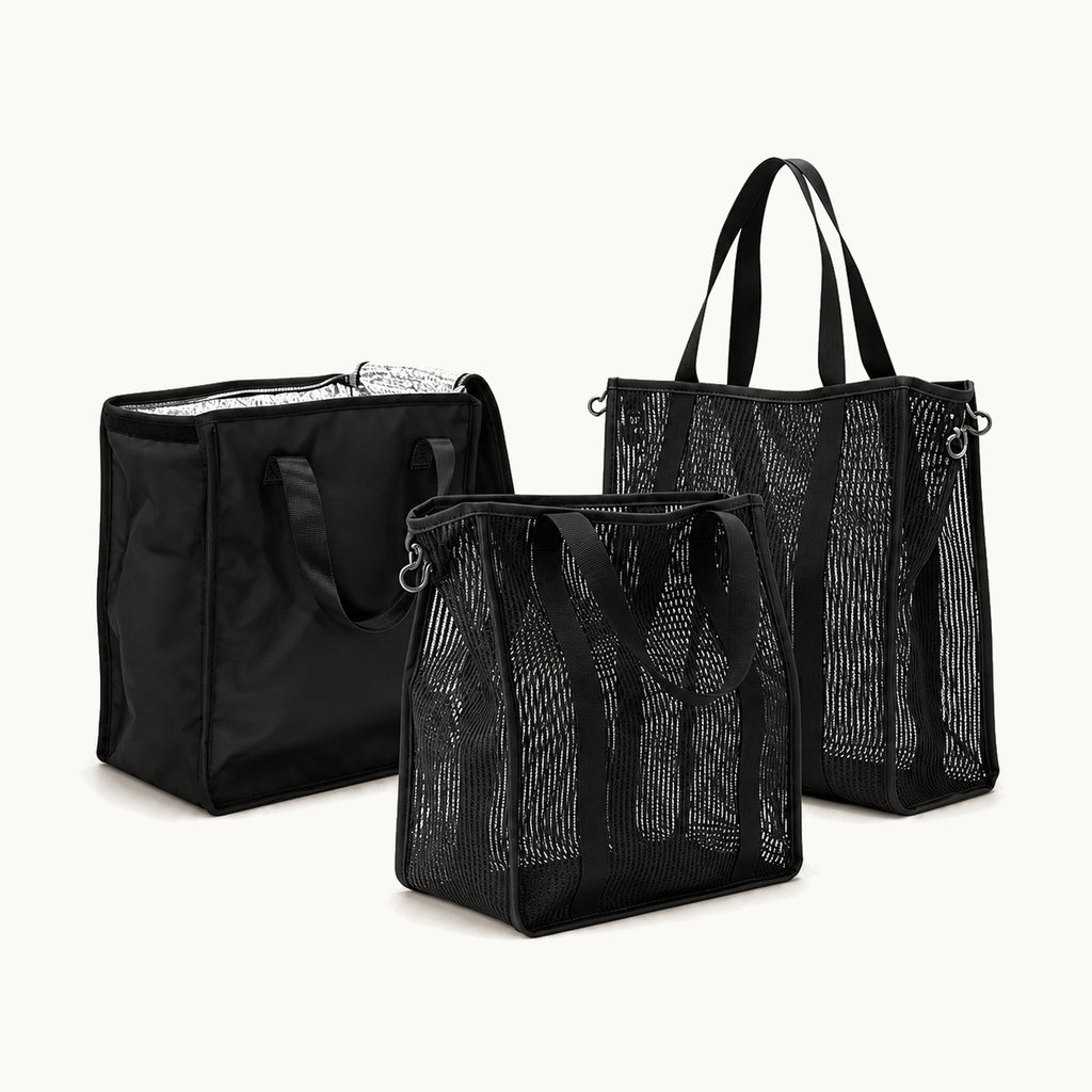 Insulated Freezer & Organizer Bags — Trois sacs de courses présentés côte à côte, dont des sacs en maille et un sac isotherme ouvert.