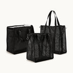 Insulated Freezer & Organizer Bags — Trois sacs de courses présentés côte à côte, dont des sacs en maille et un sac isotherme ouvert.