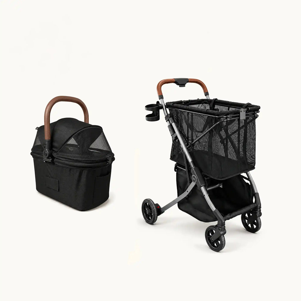 Strolee Stability Pet Stroller mit abnehmbarem Pet Bassinet, abgebildet neben dem Stability Shopper