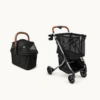 Strolee Stability Pet Stroller mit abnehmbarem Pet Bassinet, abgebildet neben dem Stability Shopper