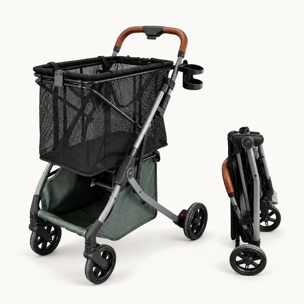 Strolee Stability Shopper Sage — offen und zusammengeklappt