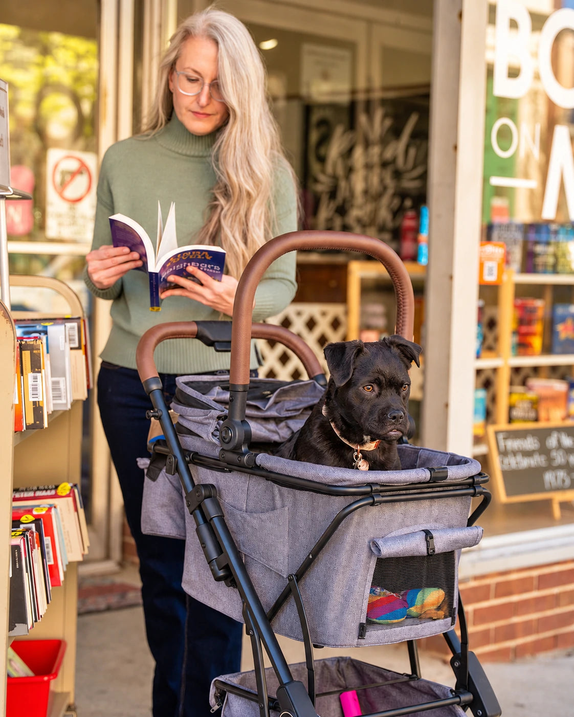 Frau liest ein Buch neben einem grauen Stability Pet Stroller mit einem Hund im Korb.