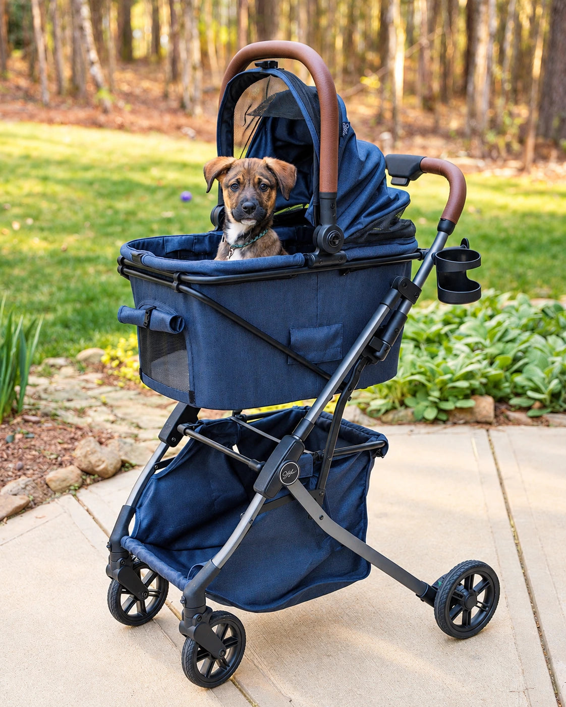 Chien assis dans un Pet Bassinet, coloris Blue, installé sur un chariot Strolee à l’extérieur.